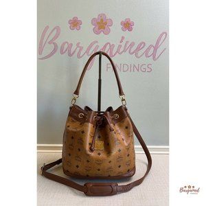 Authentic MCM Vintage Cognac Visetos Monogram Canvas Drawstring Bucket Bag